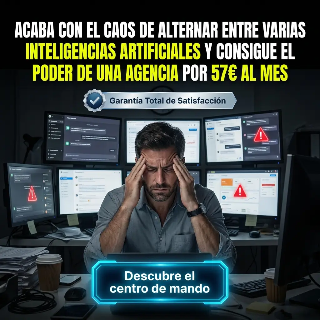 Hombre desbordado con múltiples IAs y herramientas sin integrar