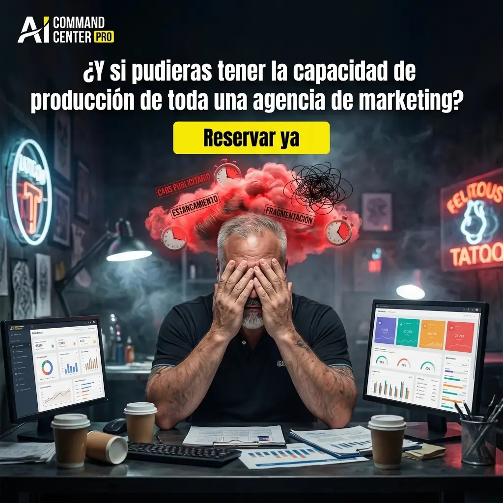 Hombre agotado rodeado de pantallas — el caos de producir sin sistema