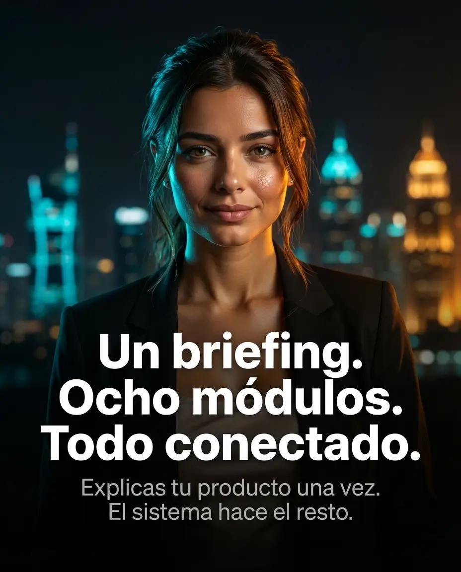 Un briefing. Ocho módulos. Todo conectado.
