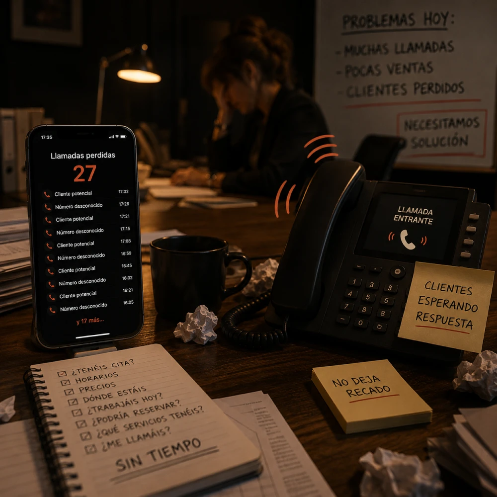 Mesa de trabajo con 27 llamadas perdidas, teléfono sonando y clientes esperando respuesta