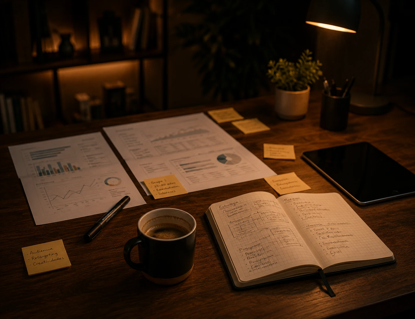 Libreta y café sobre un escritorio, revisando campañas