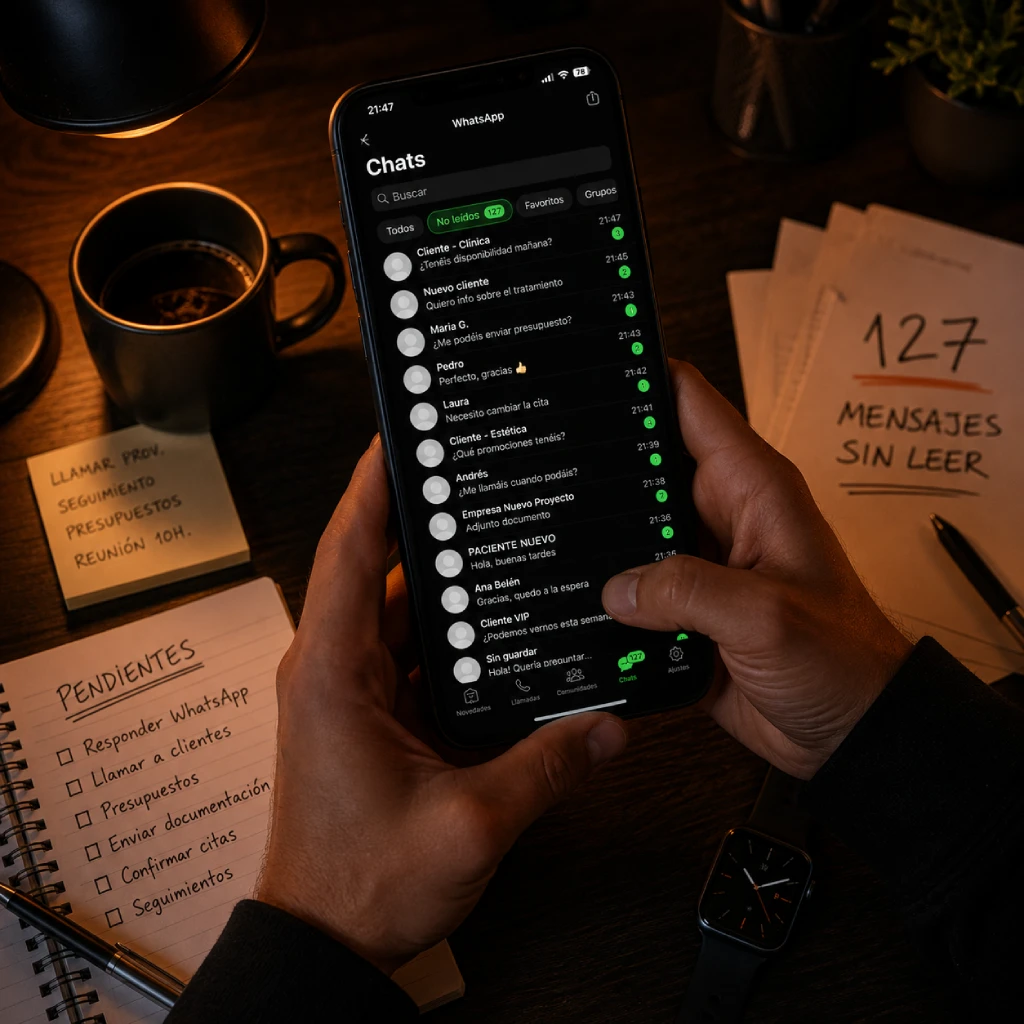 Persona desbordada por notificaciones y mensajes sin responder